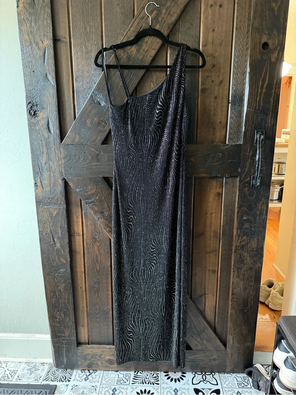 Vintage A Fortiori Black Rhinestone One Shoulder Maxi Evening Gown Side Slit - Picture 3 of 7
